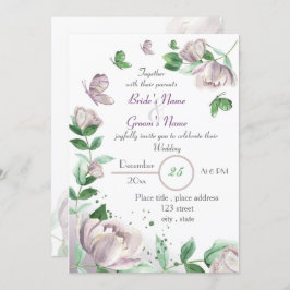 violette Blumen grüne Blätter Schmetterlinge Hochz Einladung