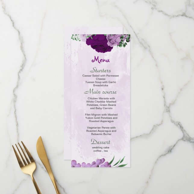 Violette Blumen Grüne Hochzeit Menükarte (Vorderseite/Rückseite Beispiel)