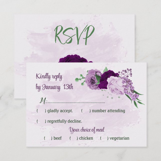 Violette Blumen Grüne Hochzeit RSVP Karte (Vorne/Hinten)