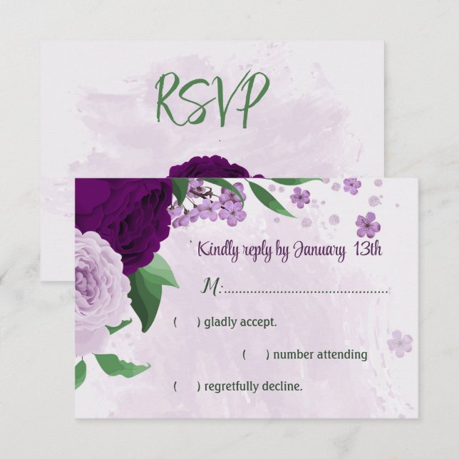 Violette Blumen Grüne Hochzeit RSVP Karte (Vorne/Hinten)