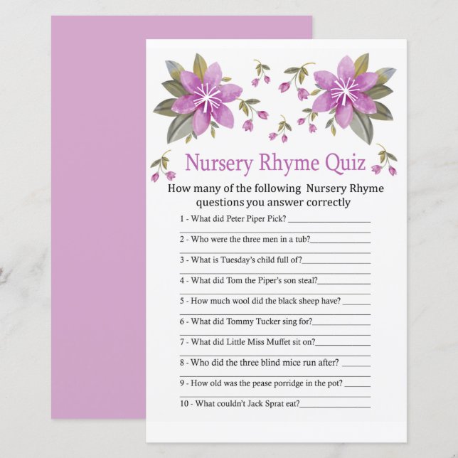 Violette Blumen Kinderzimmer Rhyme Quiz Kinderdusc (Vorne/Hinten)