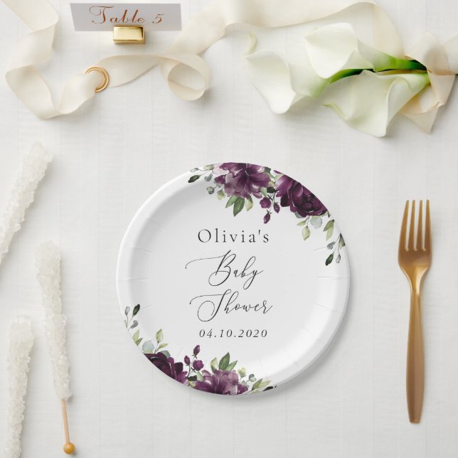 Violette Blumen, Pflaume, Blume, Boho, Babydusche Pappteller (Hochzeit)