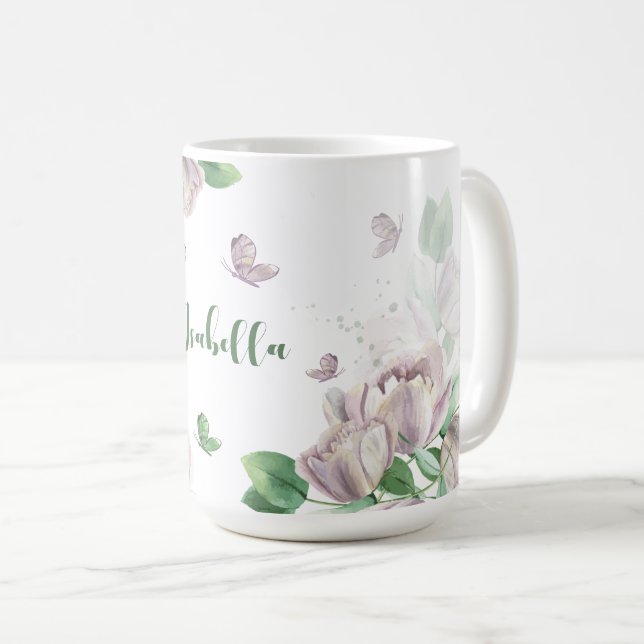 violette Blumen, Schmetterlinge Kaffeetasse (VorderseiteRechts)