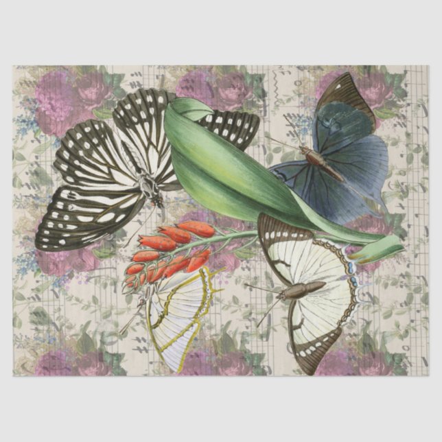 Violette Blumen, Schmetterlinge mit Musikdekoupage Seidenpapier (Vorderseite)