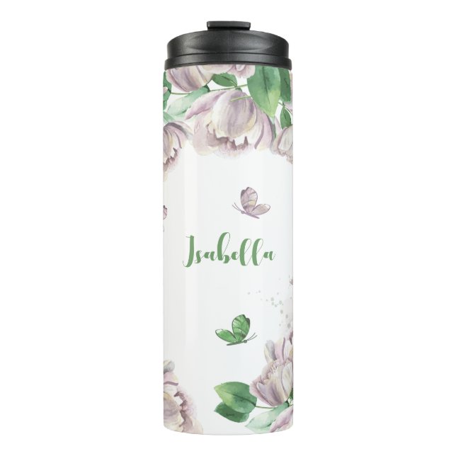 violette Blumen, Schmetterlinge Thermosbecher (Vorderseite)