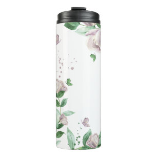 violette Blumen, Schmetterlinge Thermosbecher
