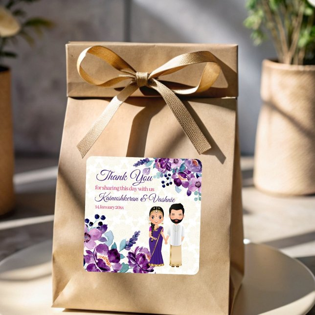 Violette Blumen Süd-Indische Hochzeit Tamil Telugu Quadratischer Aufkleber (Purple flowers South Indian wedding Tamil Telugu Square Sticker)