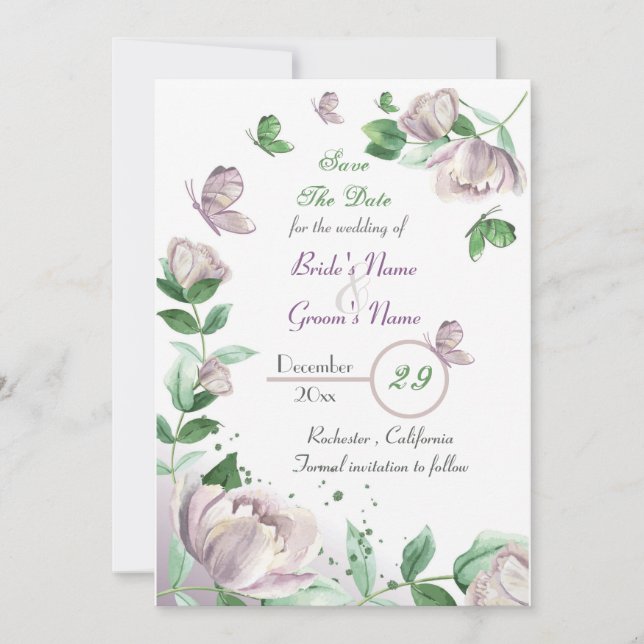 violette Blumen und Blätter, Schmetterlinge Save t Einladung (Vorderseite)