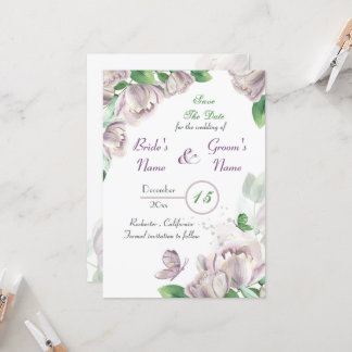 violette Blumen und Blätter, Schmetterlinge Save t Einladung