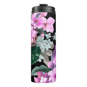 Violette Blumen und Vergissmeinnicht Aquarell auf Thermosbecher