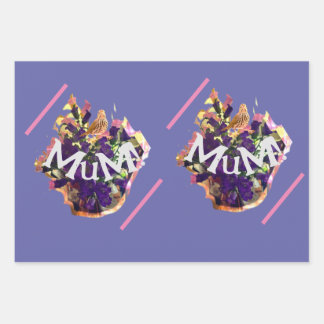 Violette Blumen und Vögel Geschenkpapier Set