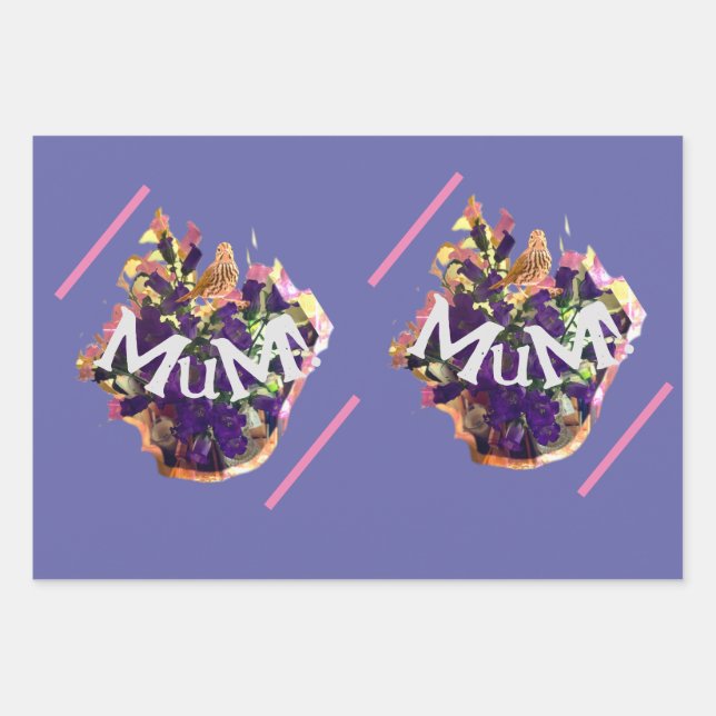 Violette Blumen und Vögel Geschenkpapier Set (Vorderseite)