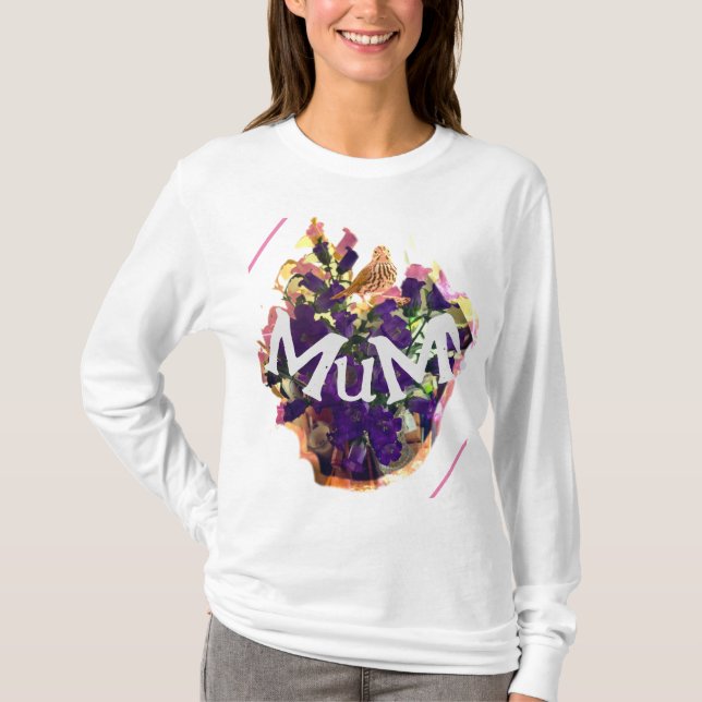 Violette Blumen und Vögel T-Shirt (Vorderseite)
