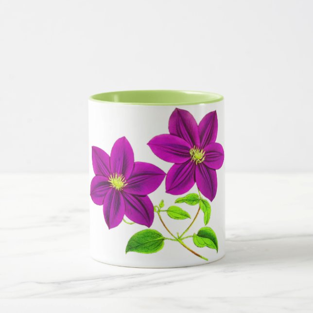 Violette Blumen verbinden zwei farbige Tasse. Tasse (Zentrum)