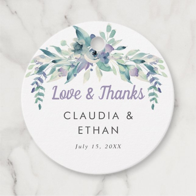 Violette Blumen Wasserfarbe Blau Grau Liebe & Dank Geschenkanhänger (Vorderseite)