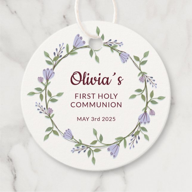 Violette Blumen Wreath Erste Kommune Geschenkanhänger (Vorderseite)