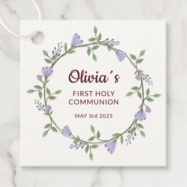 Violette Blumen Wreath Erste Kommune Geschenkanhänger (Vorderseite)