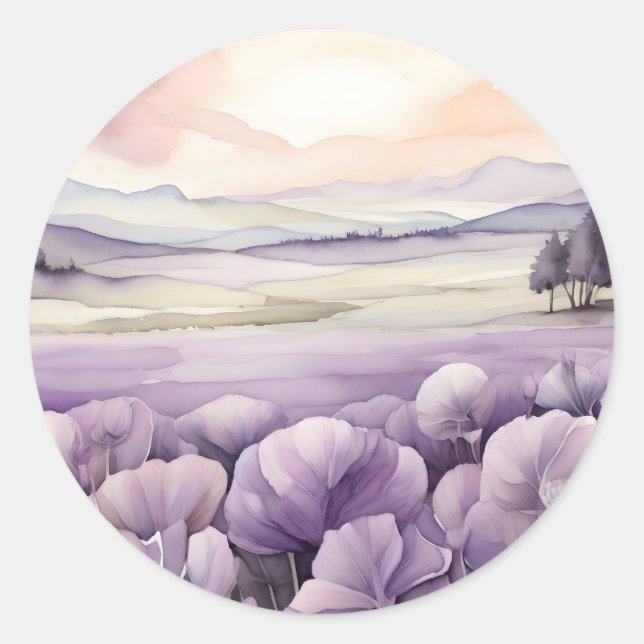 Violette Blumenfelder Runder Aufkleber (Vorderseite)