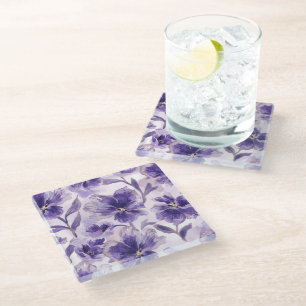 Violette Blüten Aquarell Lila Blumen Gemalt Glasuntersetzer