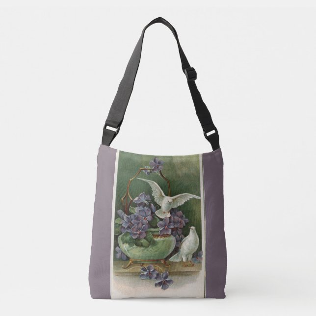 Violette Blüten und Tauben Crossbody Bag Tragetaschen Mit Langen Trägern (Vorderseite)