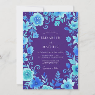 Violette Cyanblaue Weinranken-Hochzeit Einladung