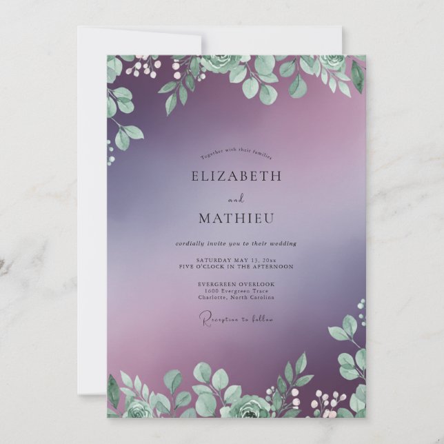 Violette Foliage-Eukalyptus-Hochzeit Einladung (Vorderseite)