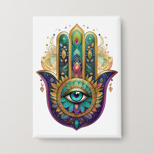 Violette Grüne Goldene Blütenblätter Hamsa Türkis  Button (Vorderseite)