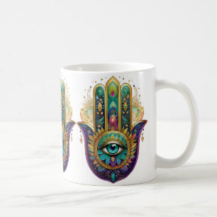 Violette Grüne Goldene Blütenblätter Hamsa Türkis  Kaffeetasse