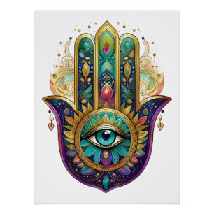 Violette Grüne Goldene Blütenblätter Hamsa Türkis Poster