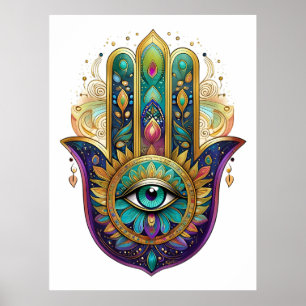 Violette Grüne Goldene Blütenblätter Hamsa Türkis Poster