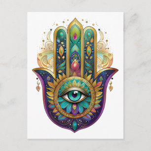 Violette Grüne Goldene Blütenblätter Hamsa Türkis  Postkarte