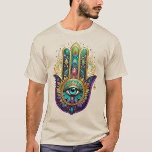 Violette Grüne Goldene Blütenblätter Hamsa Türkis T-Shirt