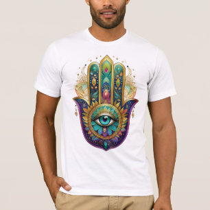 Violette Grüne Goldene Blütenblätter Hamsa Türkis T-Shirt