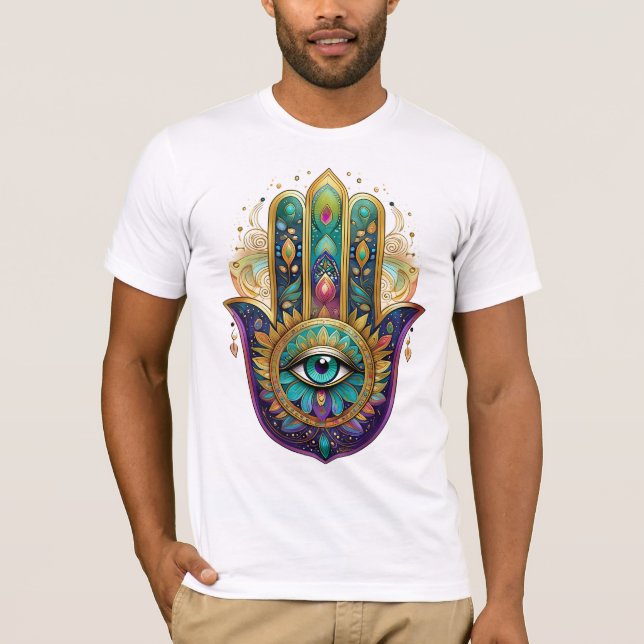 Violette Grüne Goldene Blütenblätter Hamsa Türkis  T-Shirt (Vorderseite)