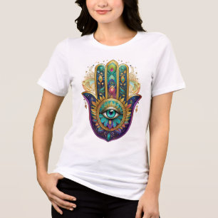 Violette Grüne Goldene Blütenblätter Hamsa Türkis Tri-Blend Shirt