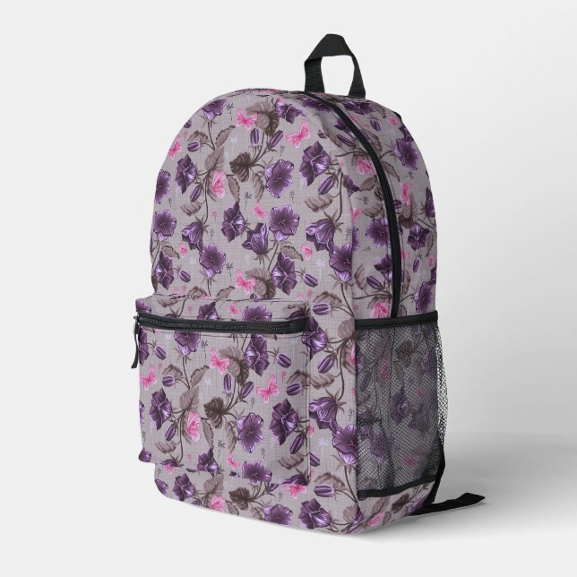 violette Handglocken und rosa Schmetterlingsmuster Bedruckter Rucksack (Rückseitige Ecke Rechts)