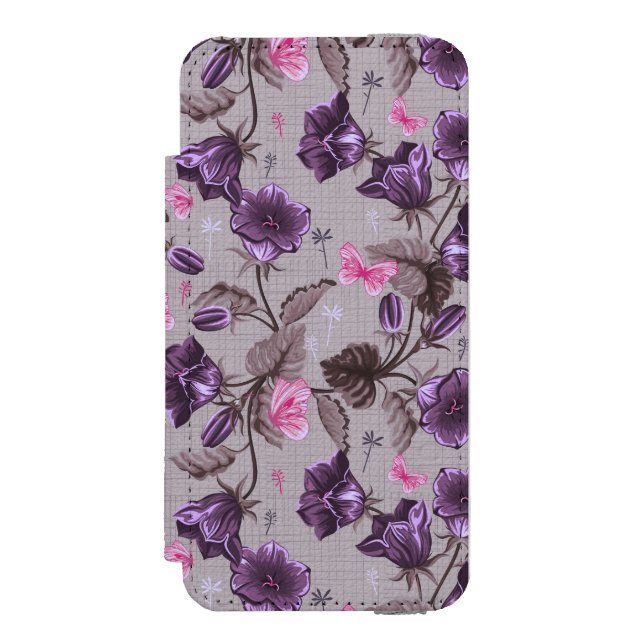 violette Handglocken und rosa Schmetterlingsmuster Incipio iPhone Geldbeutel-Hülle (Folio Vorderseite)