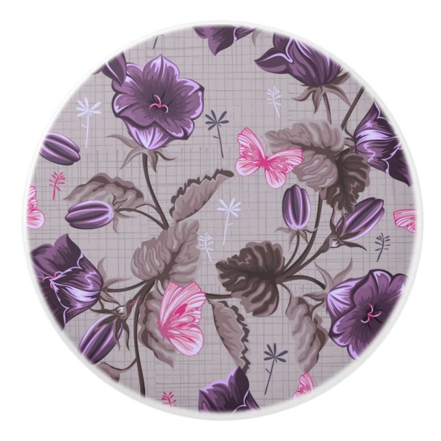 violette Handglocken und rosa Schmetterlingsmuster Keramikknauf (Vorderseite)