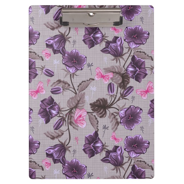 violette Handglocken und rosa Schmetterlingsmuster Klemmbrett (Vorderseite)