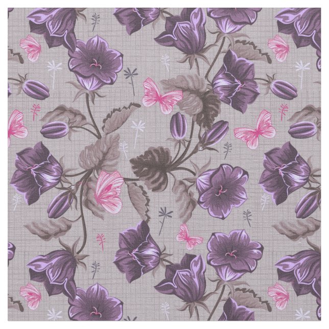 violette Handglocken und rosa Schmetterlingsmuster Stoff (Nahaufnahme)