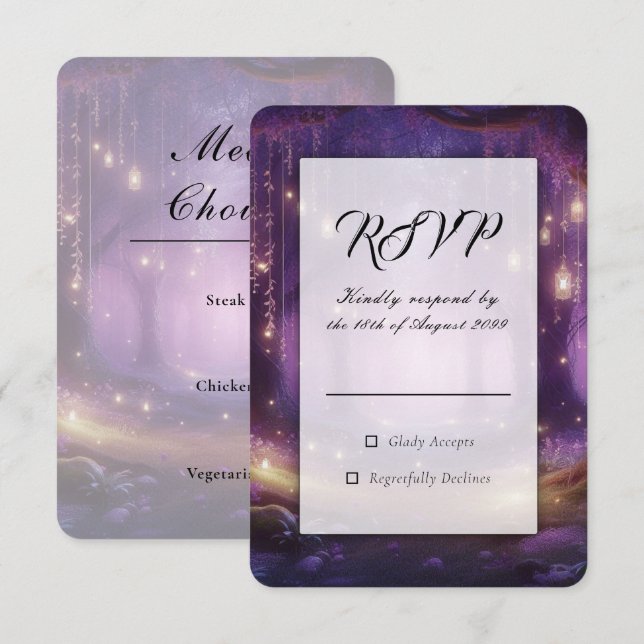 Violette Hochzeit im verzauberten Wald bei Mittern RSVP Karte (Vorne/Hinten)