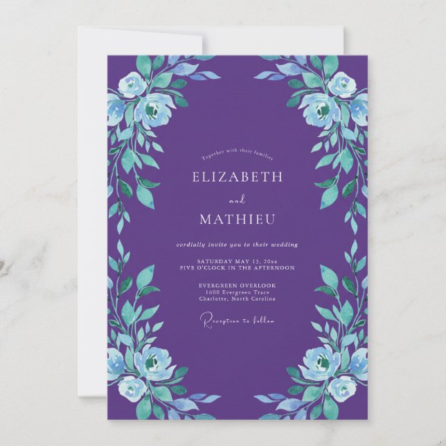 Violette Immergrün-Bemalte Hochzeit Einladung (Vorderseite)