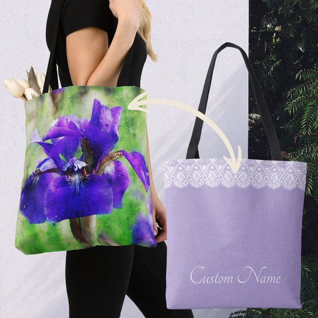 Violette Iris Flieder und falsche Spitze angepasst (Purple Iris watercolor style bag with lavender back, "lace" and customizable text great gift for mom)