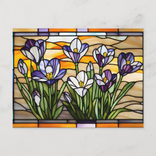 Violette Krokusblumen in Buntglas Feiertagspostkarte