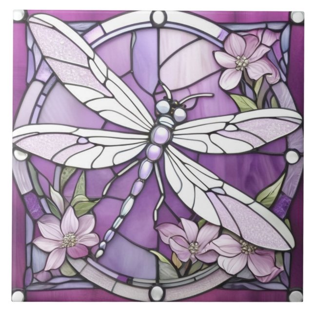 Violette Libelle Bleiglasblume Fliese (Vorderseite)