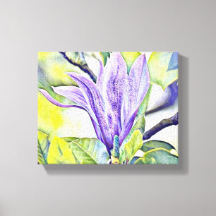 Violette Magnolienblüte Aquarell grüner Hintergrun Leinwanddruck