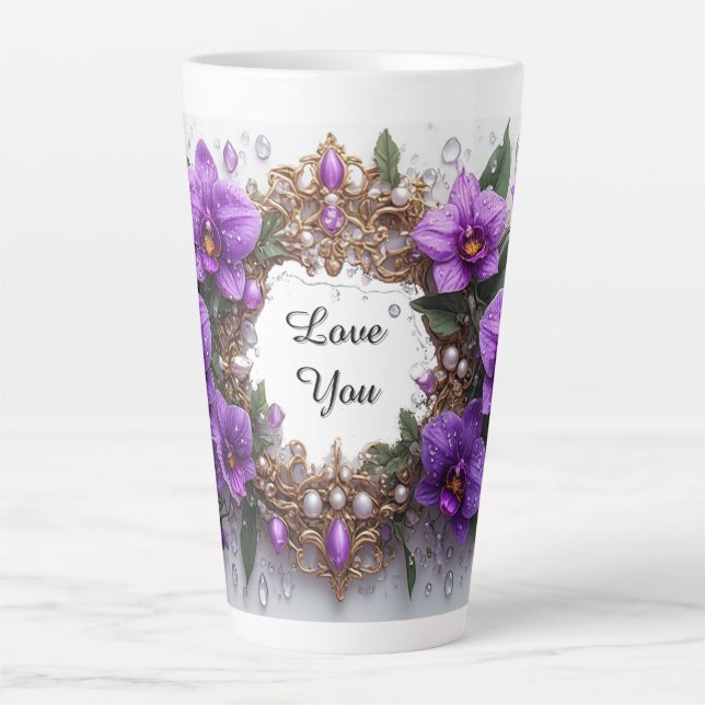 Violette Orchideen-Blumenrahmen Milchtasse (Vorderseite)