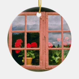 Violette Pelargonien im Fenster von einem Keramik Ornament