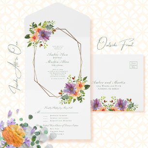 Violette Pfirsich-Blumen-Aquarell-Oktagon-Hochzeit All In One Einladung