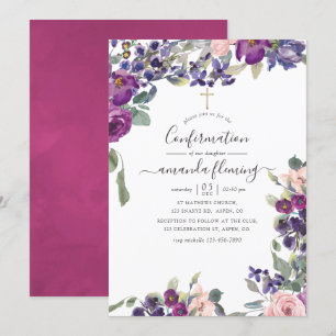 Violette, Pflaumen- und Rosafarbene Blumenbestätig Einladung